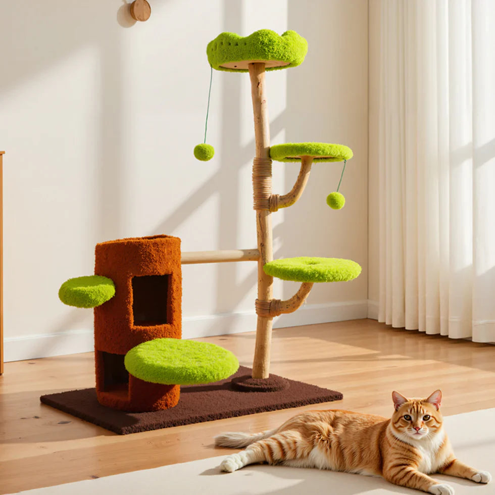 Livara Pine Wood Cat Tree Tower - Pet Comfort, Reversible Pads, Multi-Level Platforms