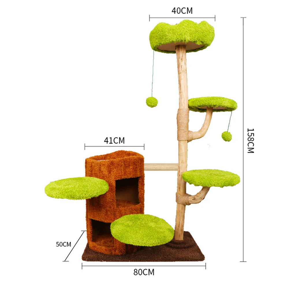 Livara Pine Wood Cat Tree Tower - Pet Comfort, Reversible Pads, Multi-Level Platforms
