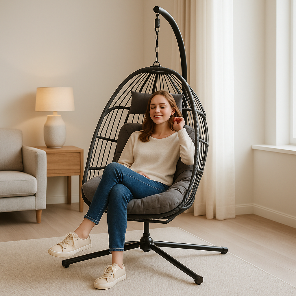 Livara Foldable Rattan Egg Chair - Apartment Living, Steel Frame, Hanging Stand