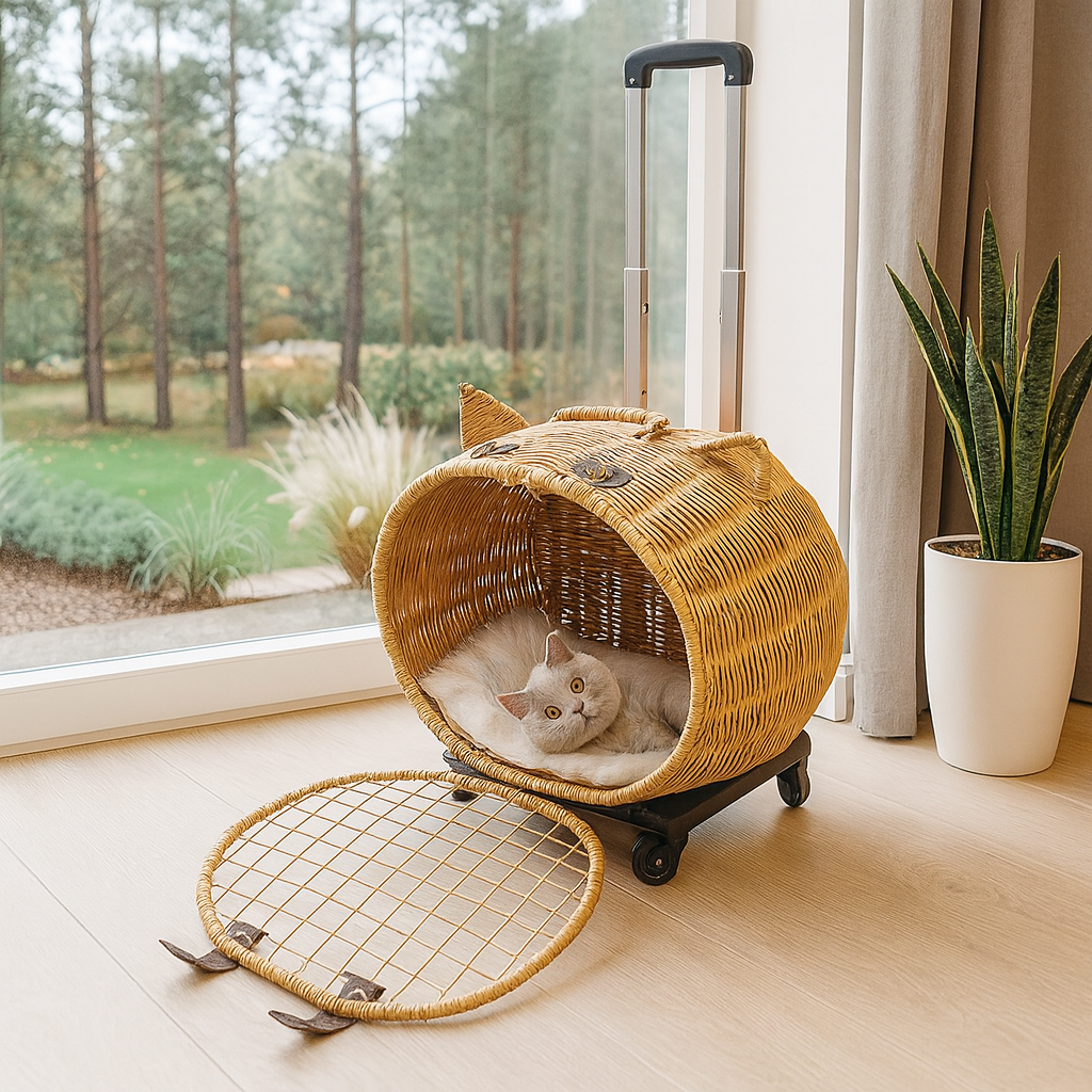 Livara Wicker Cat Carrier Trolley - Travel-Ready, Wheels, Extendable Handle
