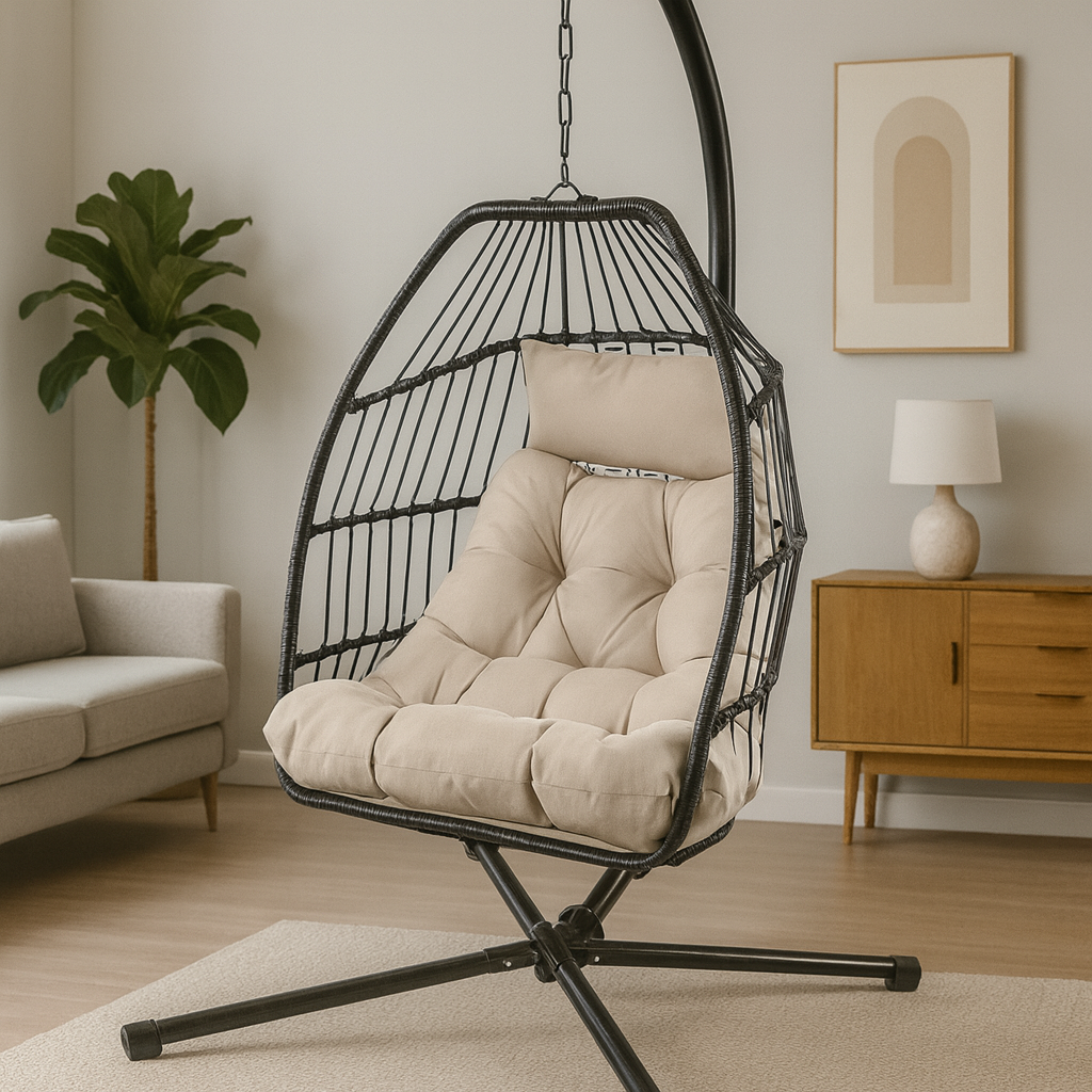 Livara Foldable Rattan Egg Chair - Apartment Living, Steel Frame, Hanging Stand