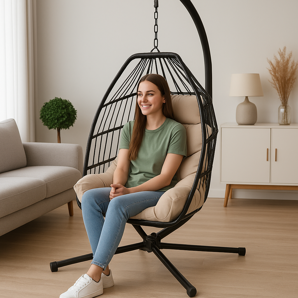 Livara Foldable Rattan Egg Chair - Apartment Living, Steel Frame, Hanging Stand