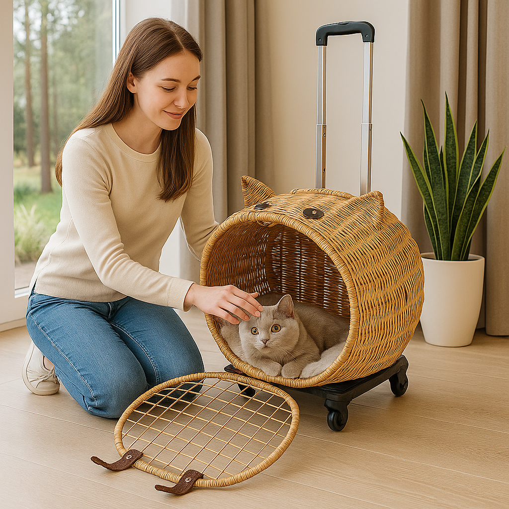 Livara Wicker Cat Carrier Trolley - Travel-Ready, Wheels, Extendable Handle