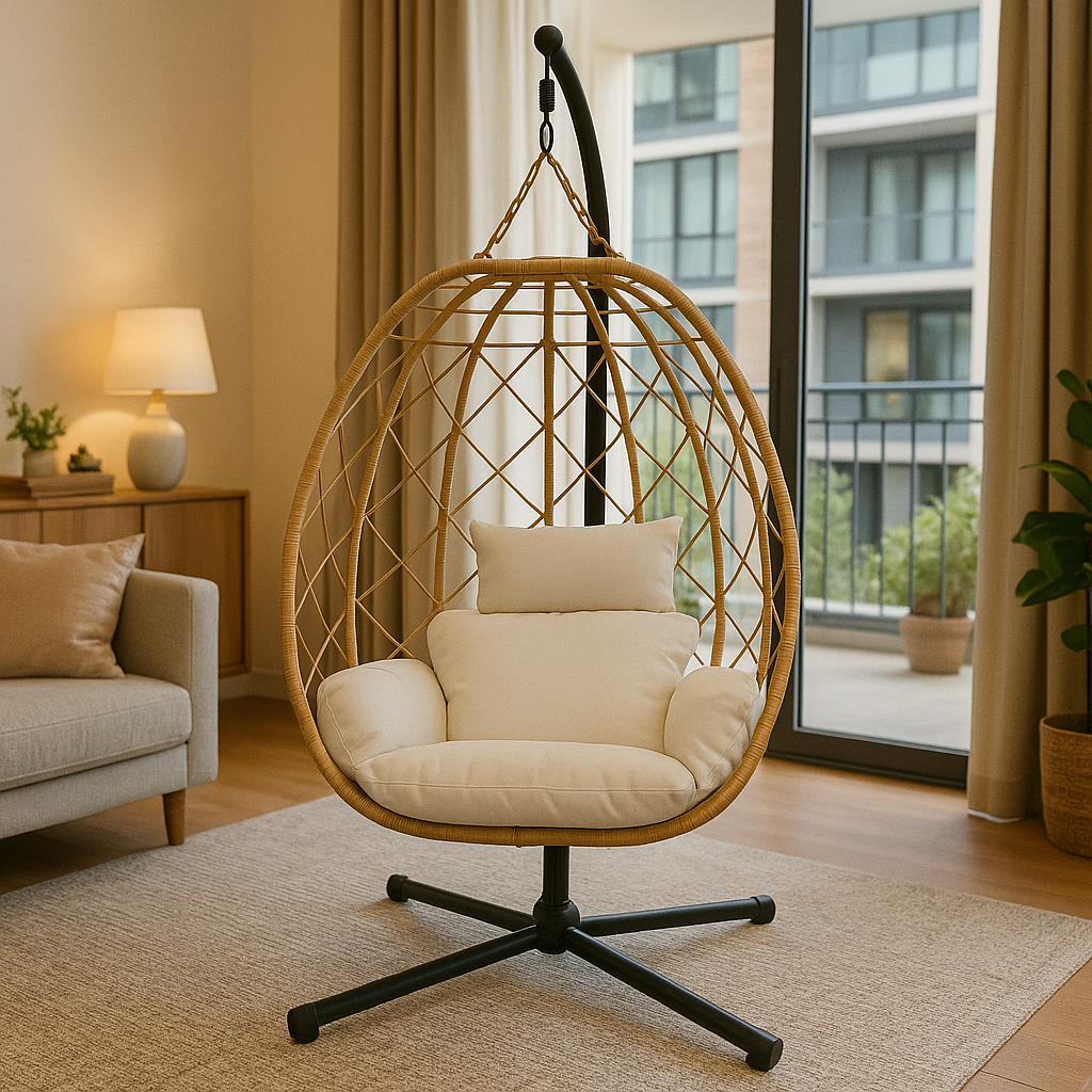 Livara Foldable Rattan Egg Chair - Apartment Living, Steel Frame, Thick Cushion