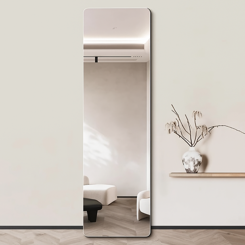 Livara Frameless Full-Length Mirror - Bedroom & Hallway, Ultra-Clear Glass, Wood Base