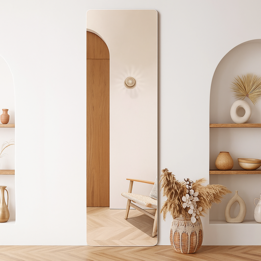 Livara Frameless Full-Length Mirror - Bedroom & Hallway, Ultra-Clear Glass, Wood Base