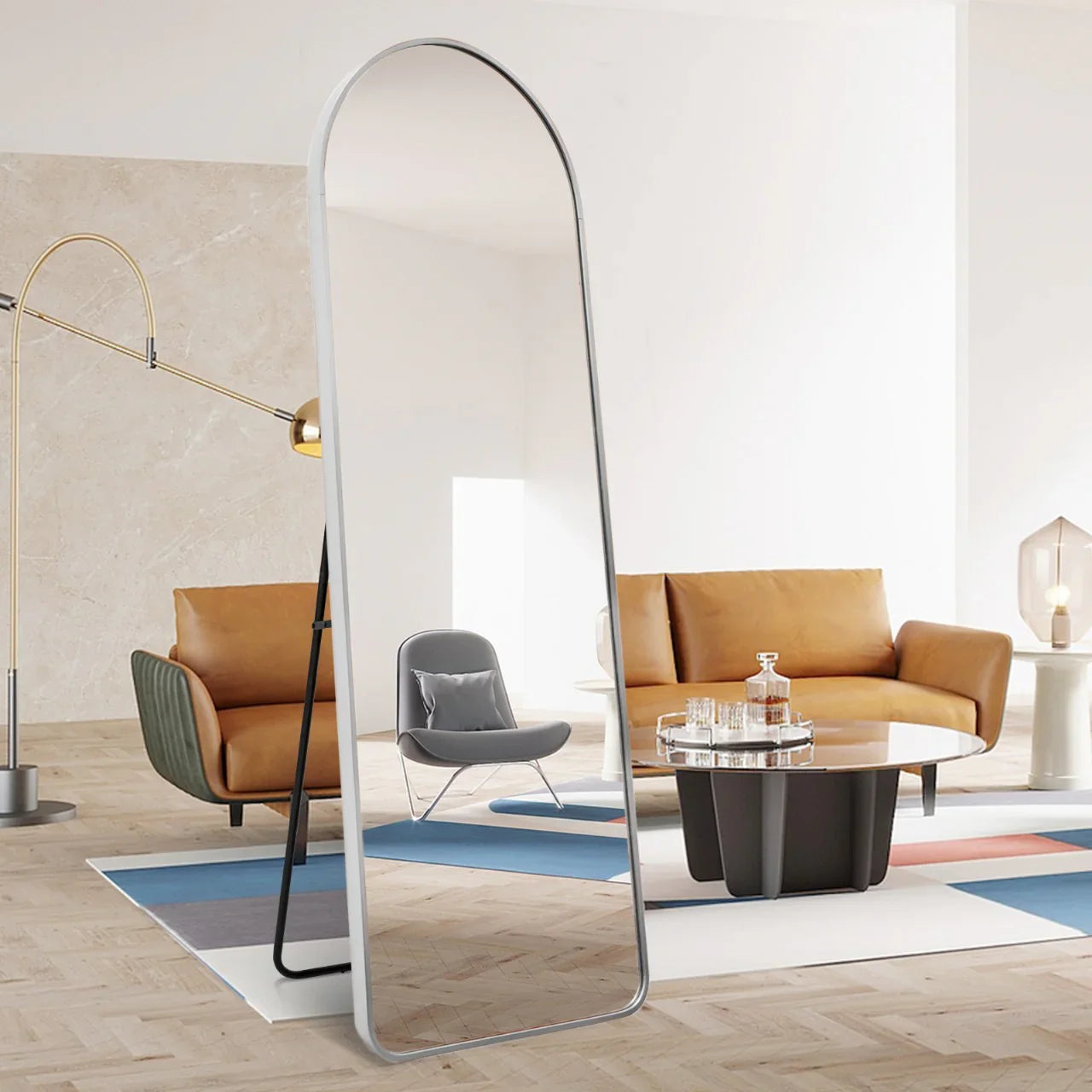 Livara Arched Metal Full-Length Mirror - Bedroom & Hallway, Silver Frame, Powder-Coated Finish
