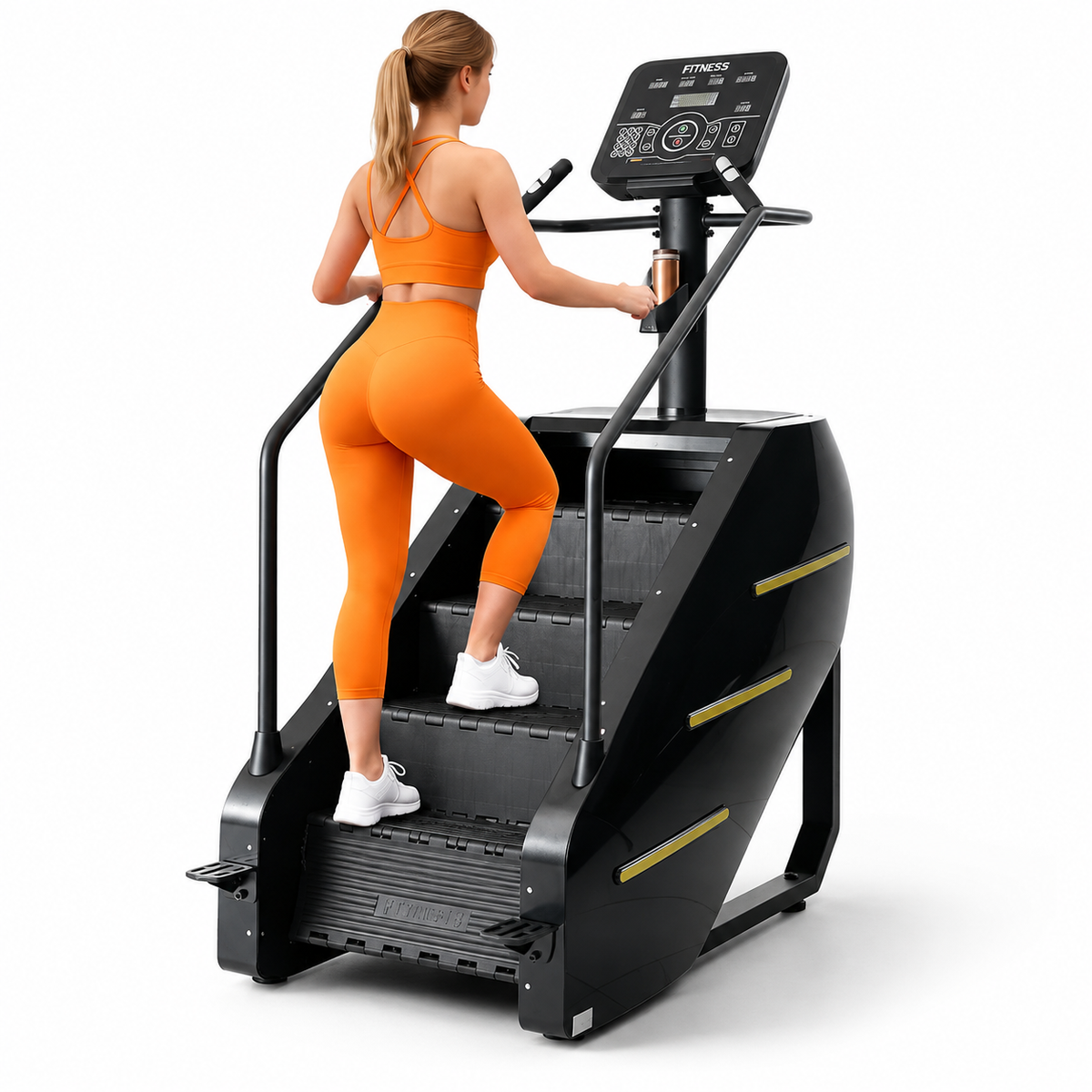 Woman climbing a black Livara stair climber with LED console, handrails and yellow side stripes on a white background