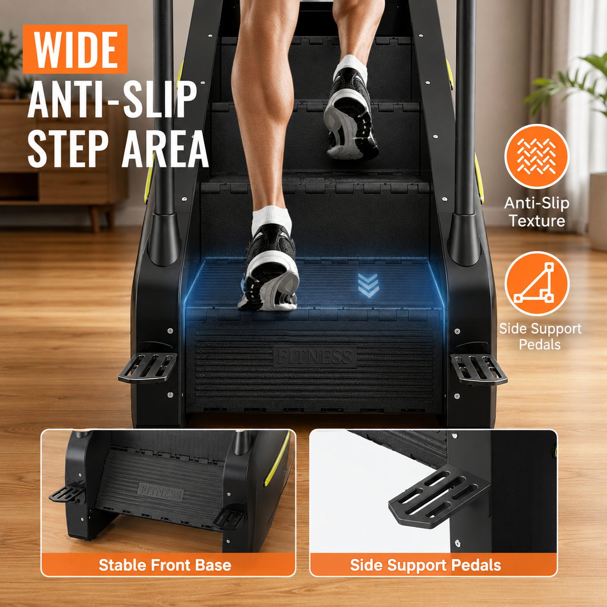 Rear view of a user on the stair climber's wide ribbed steps, with close-ups of the front base and side foot rests