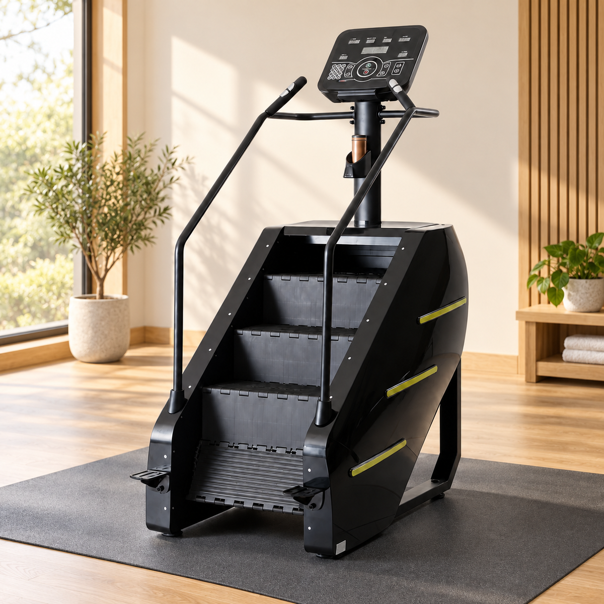 Black stair climber with LED console, handrails and yellow side strips in a bright home gym