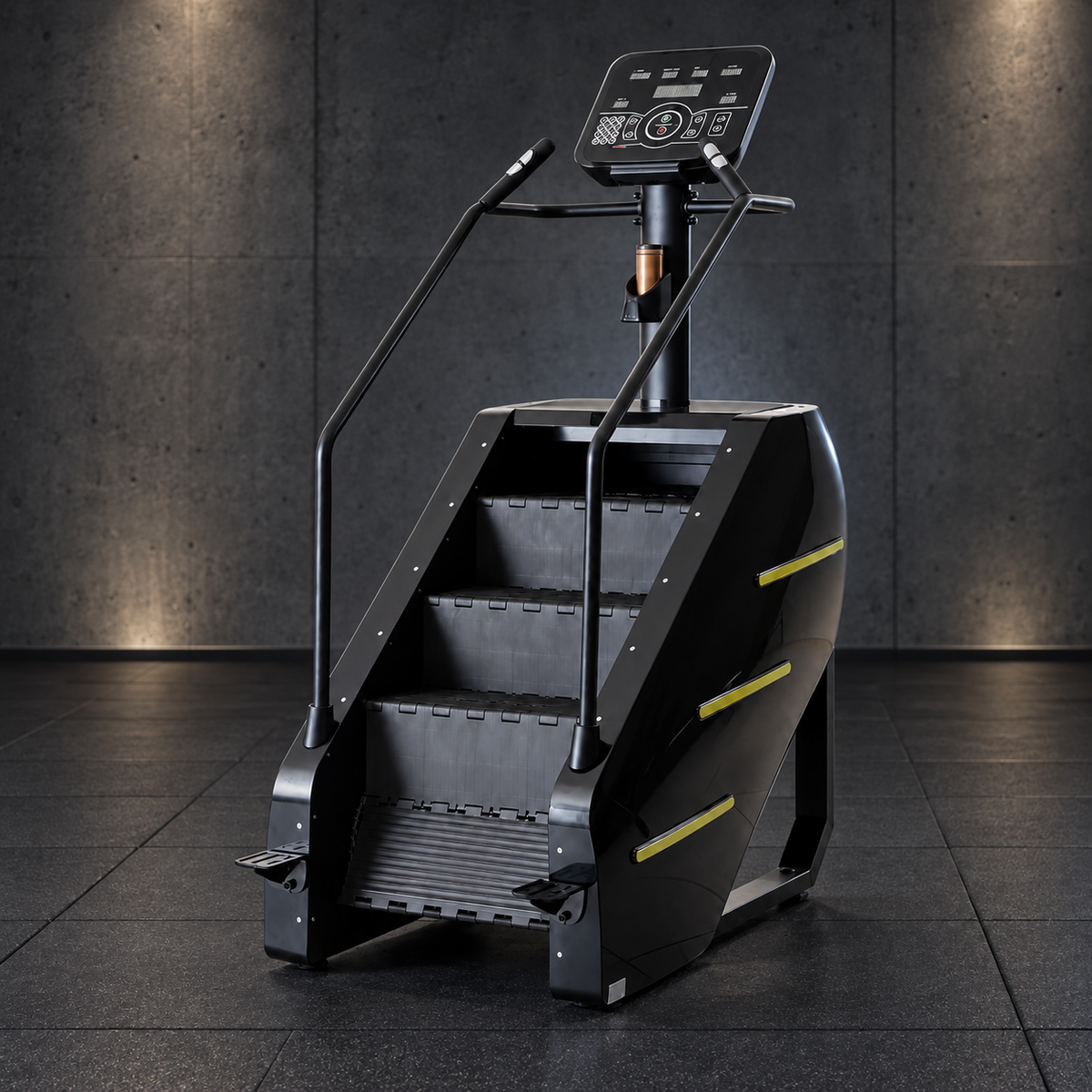 Black stair climber with LED console, handrails and yellow side strips in a dark gym setting