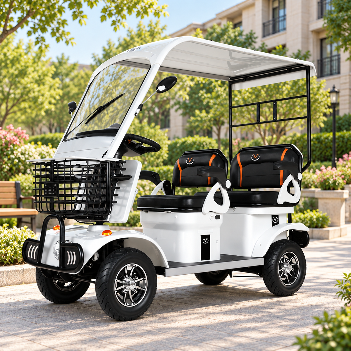 White two-seat mobility scooter with canopy, windscreen, mirrors and front basket, parked in a garden courtyard