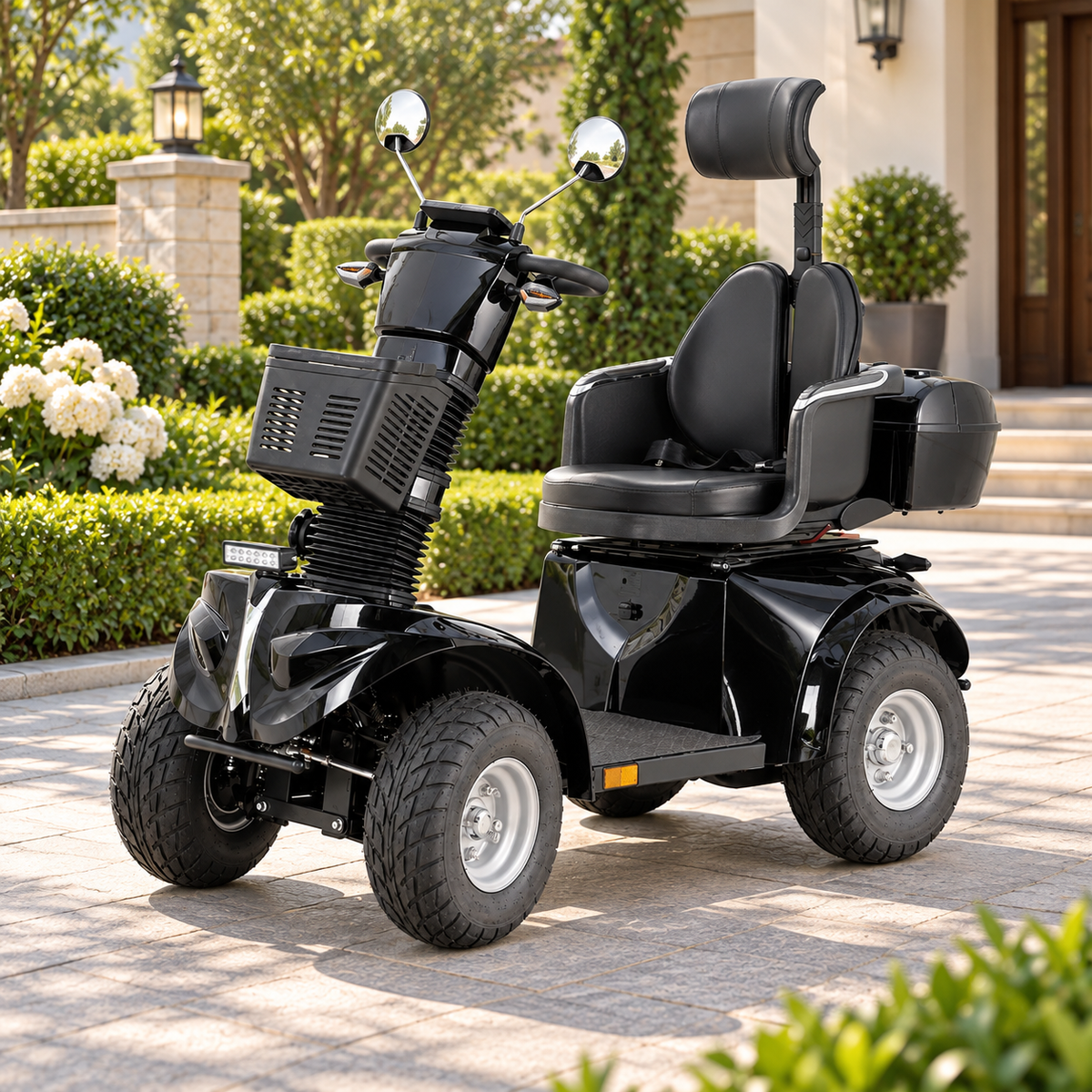 Black Livara foldable mobility scooter with headrest, front basket, LED light and lockable rear box on a paved driveway