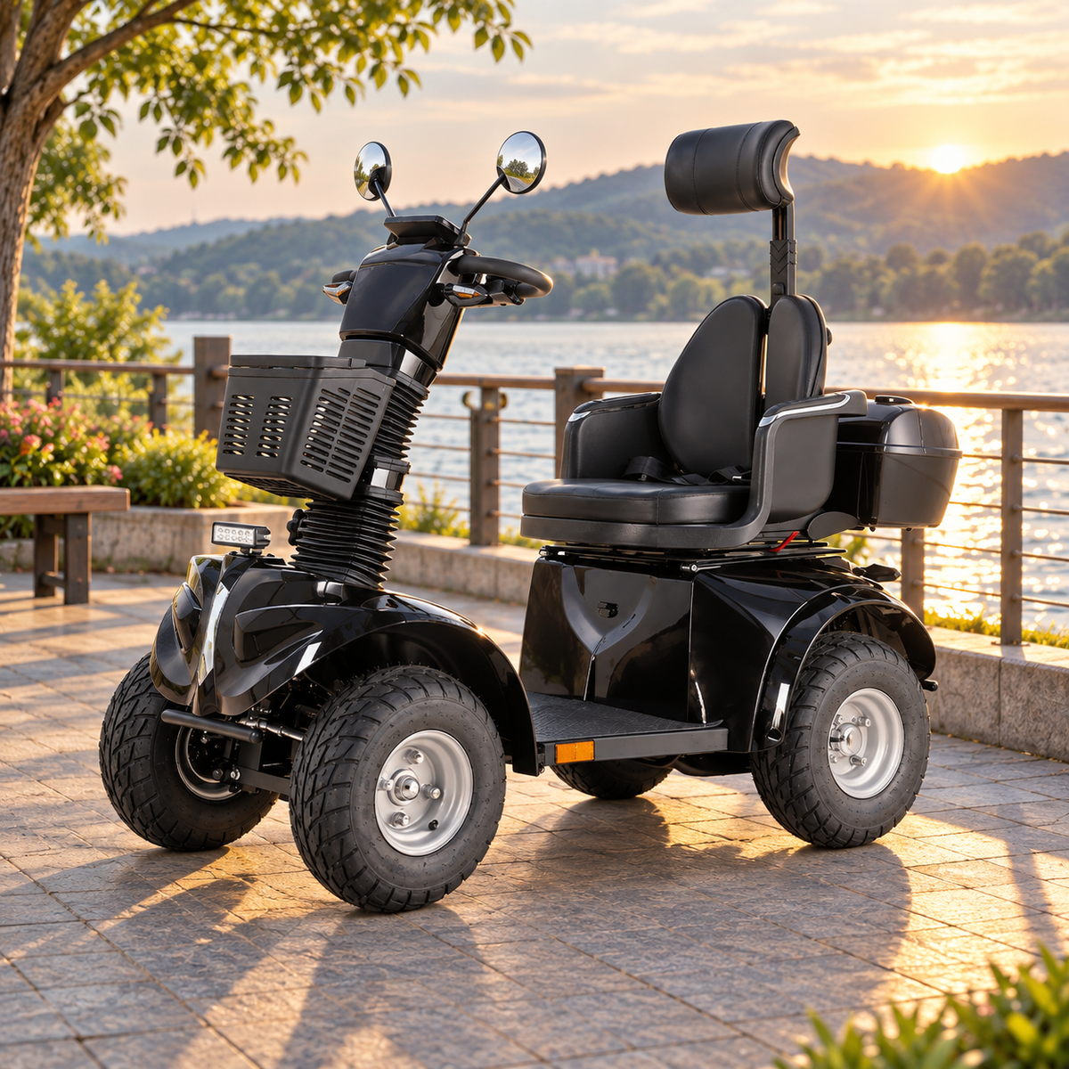 Black Livara foldable mobility scooter with headrest, front basket and rear storage box on a lakeside path at sunset