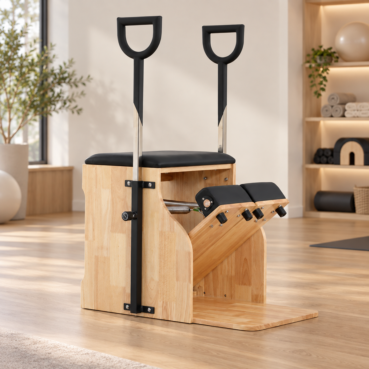 Livara compact rubberwood Pilates Wunda chair in black PU leather with split pedals and dual D-grip handles