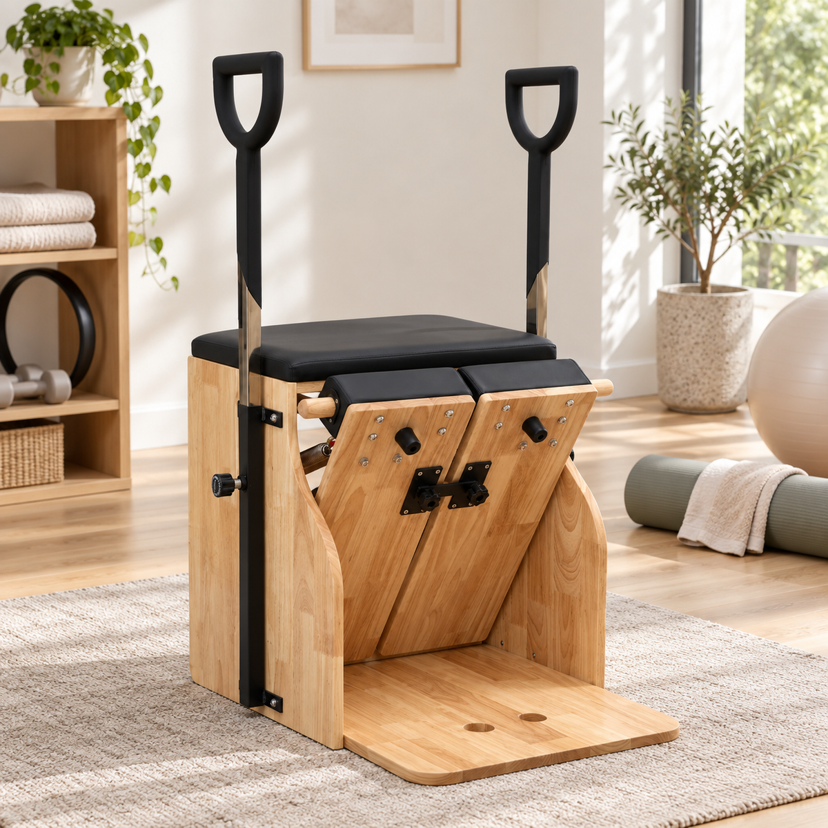 Front view of the black rubberwood Pilates Wunda chair showing split pedals, connector bracket and footplate