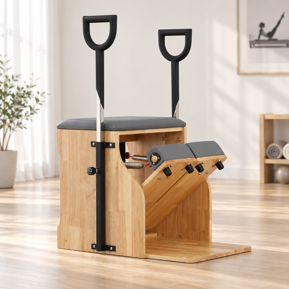 Rubberwood Pilates Wunda chair with light grey PU leather seat, split pedals, steel springs and dual handles