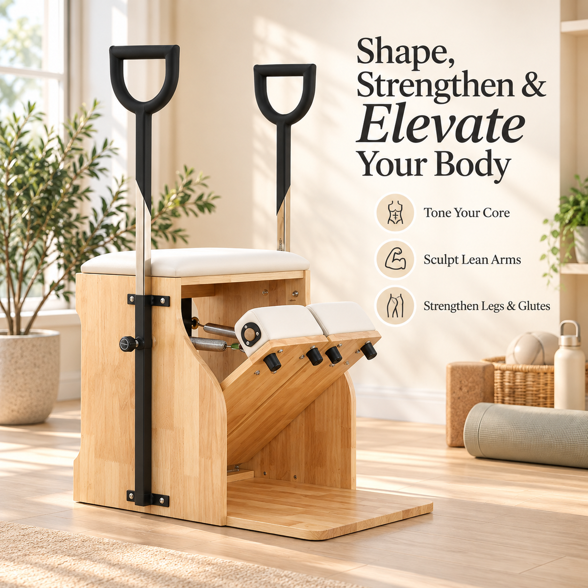 White-upholstered rubberwood Pilates Wunda chair with dual handles, shown beside core, arm and leg training icons