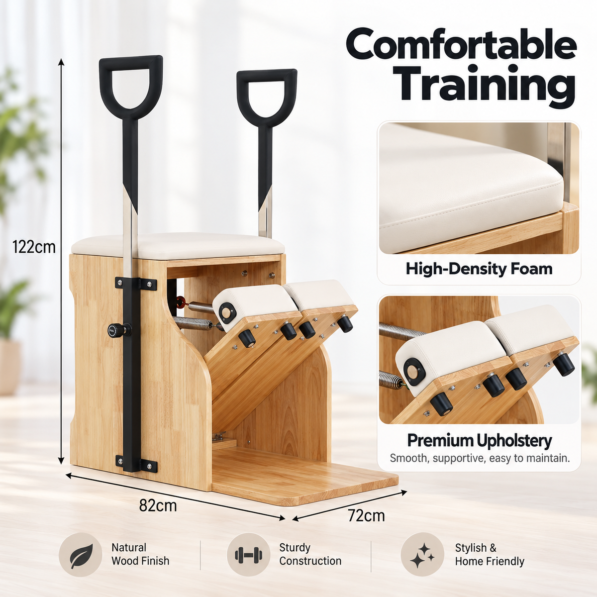 White Pilates Wunda chair measuring 82 x 72 x 122 cm, with close-ups of the padded seat and split pedals