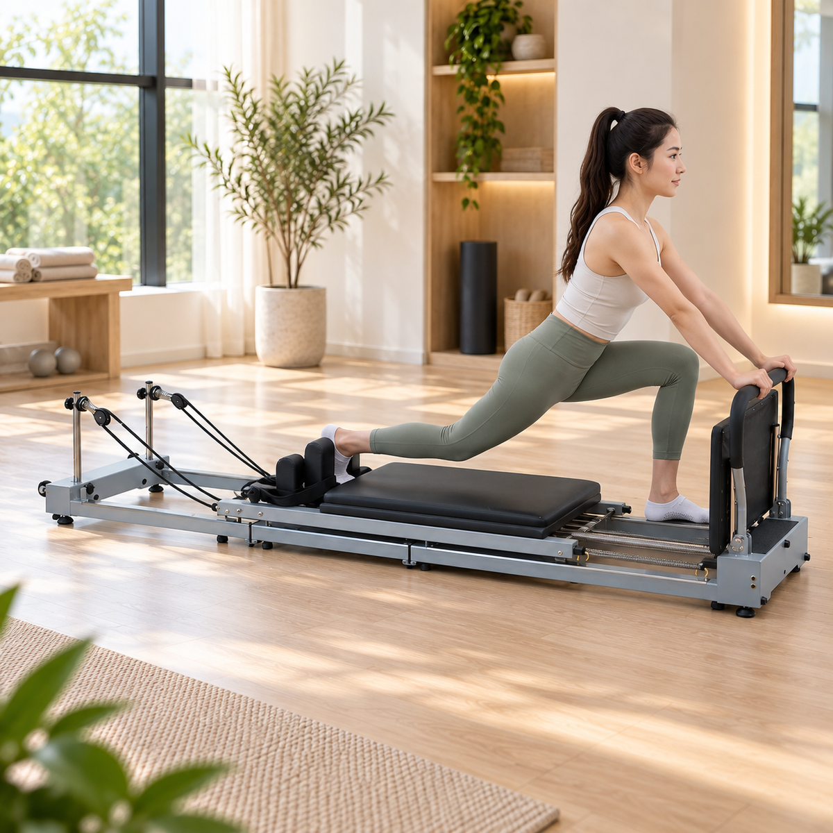 Woman doing a kneeling lunge on the Livara grey foldable carbon-steel Pilates reformer in a bright home studio