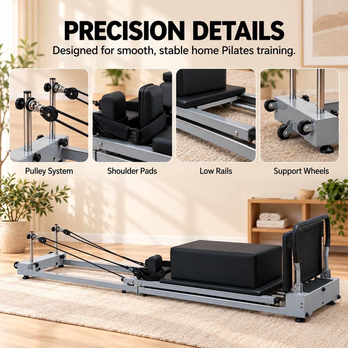 Grey foldable Pilates reformer on a rug, with close-ups of the pulley system, shoulder pads, low rails and support wheels