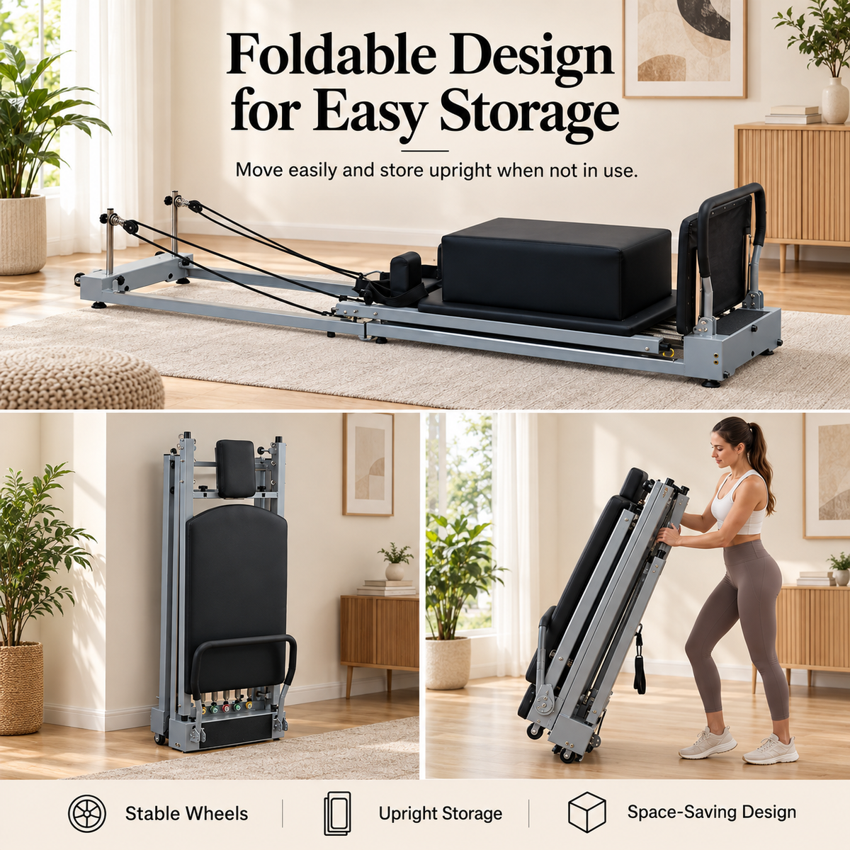 Livara foldable Pilates reformer set up flat, stored upright against a wall and tilted onto its wheels to move