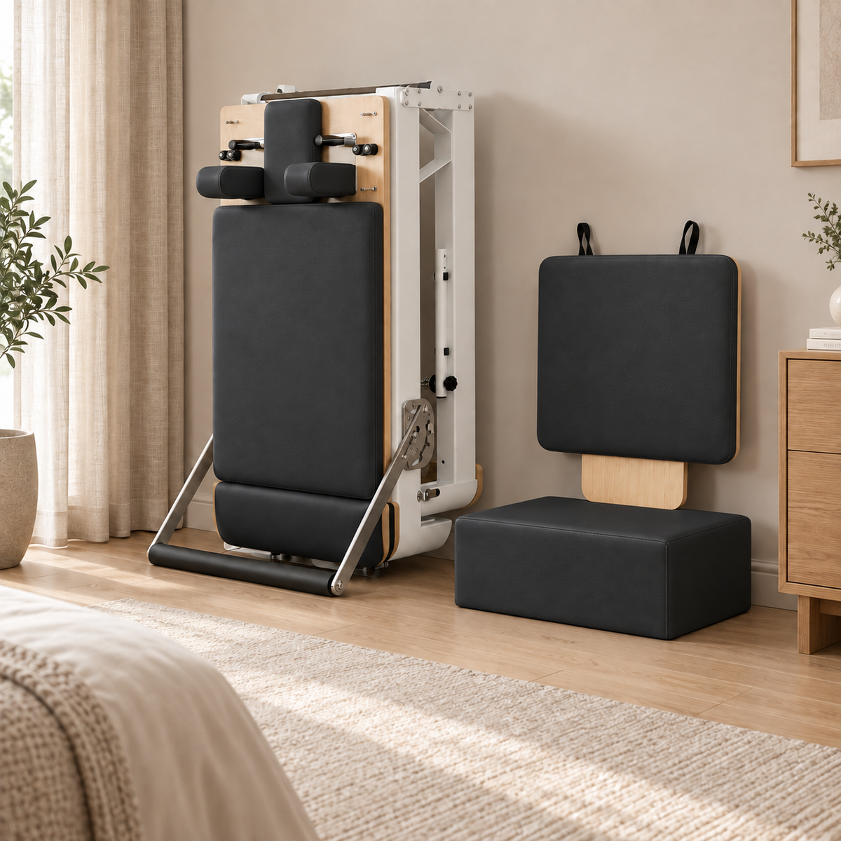 Foldable Pilates reformer with black upholstery stored upright in a bedroom, beside its jump board and sitting box