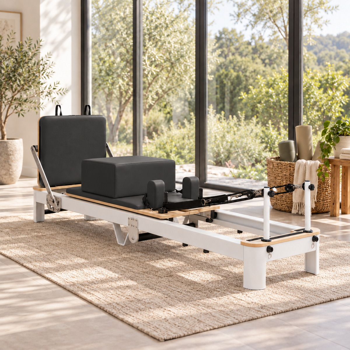 Pilates reformer with black cushions and a white aluminium frame, sitting box, shoulder rests and jump board beside large garden windows