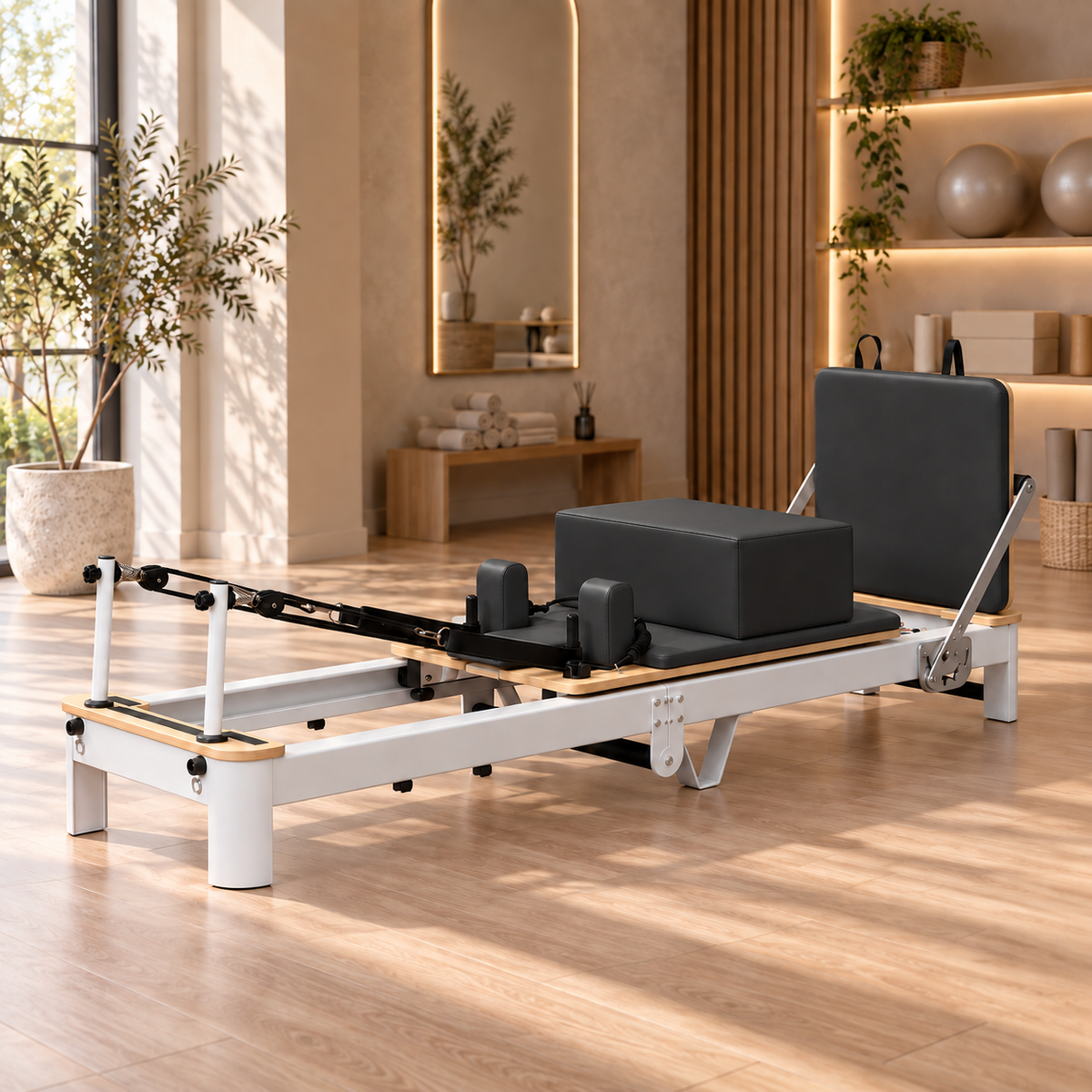 Aluminium Pilates reformer with black cushions and a white frame, sitting box and shoulder rests in a warm, softly lit home studio