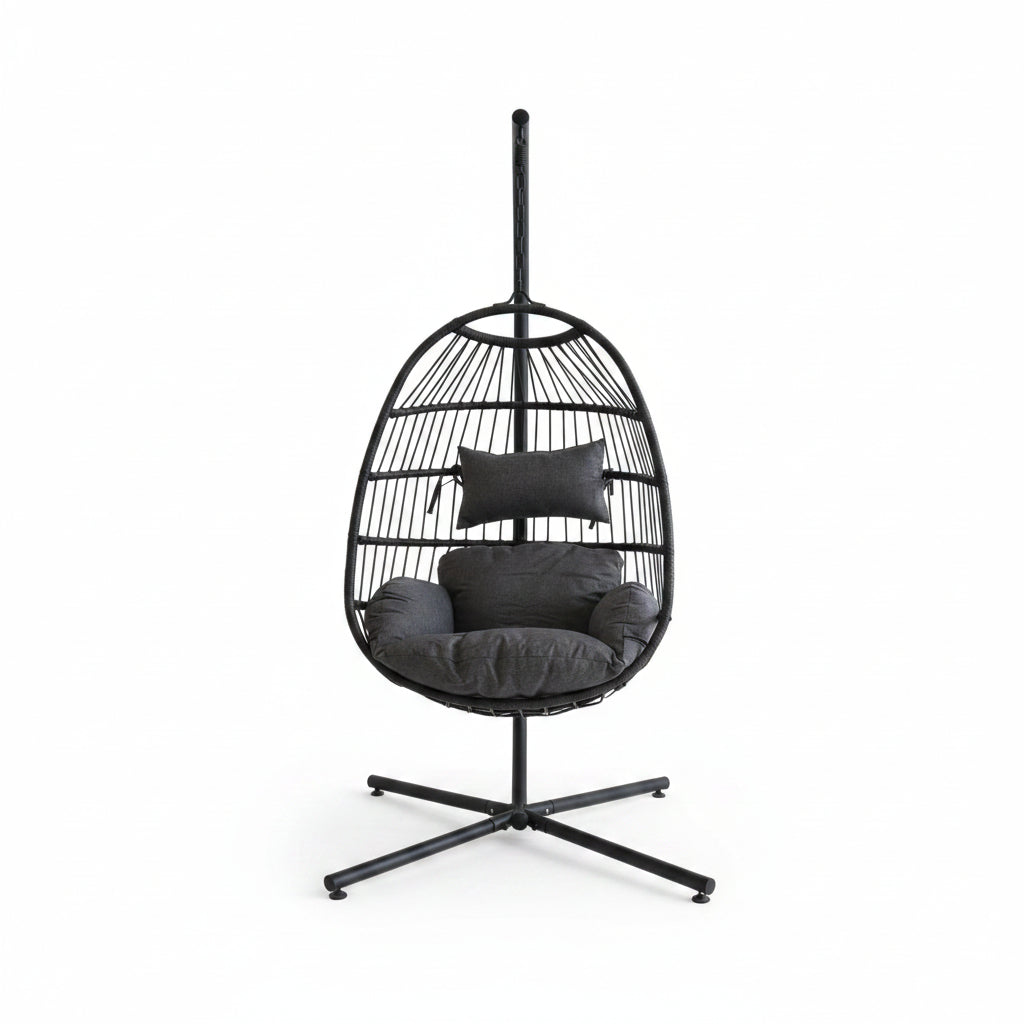 Black hanging egg chair with cushions on a white background