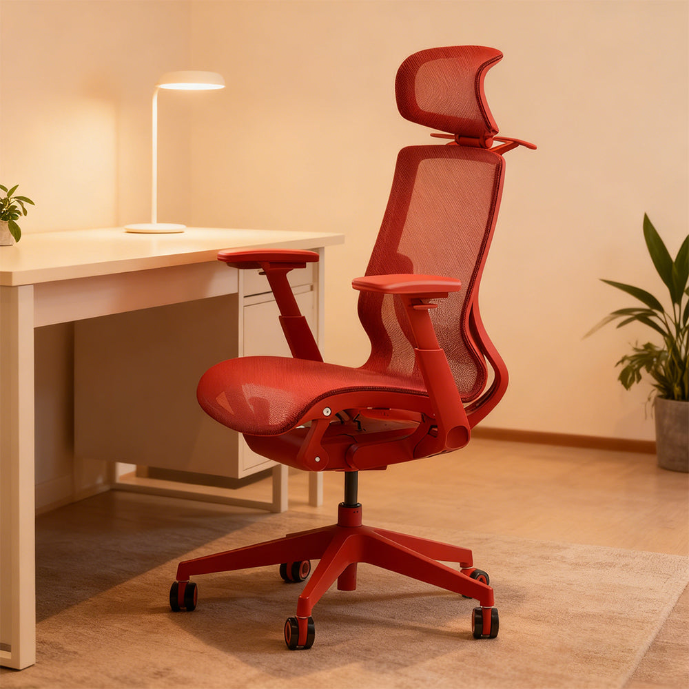 Livara Ventilated Mesh Office Chair - Home Office, Curved Back, Twilight Red Finish