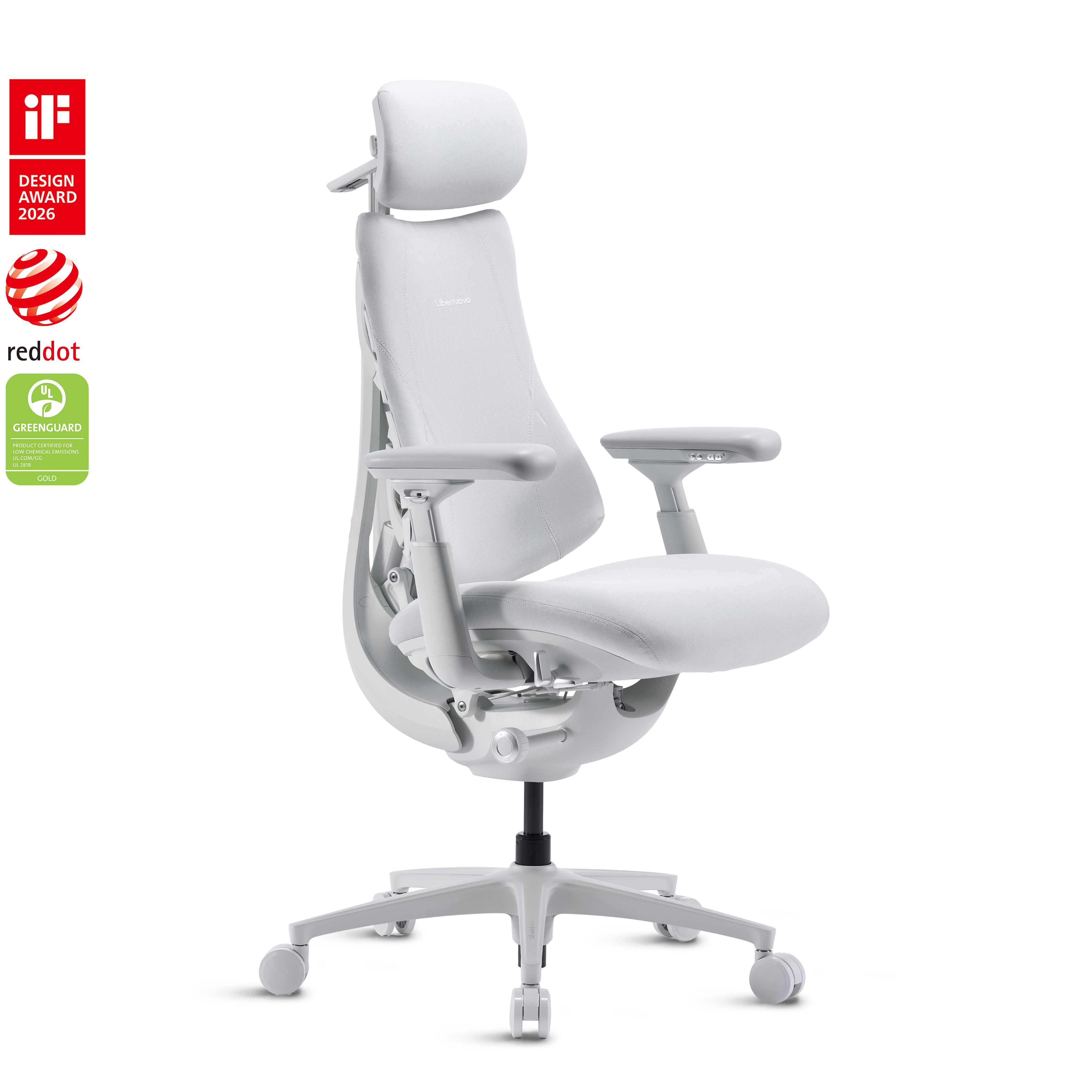 LiberNovo Omni Pro ergonomic chair in Ash White, angled view