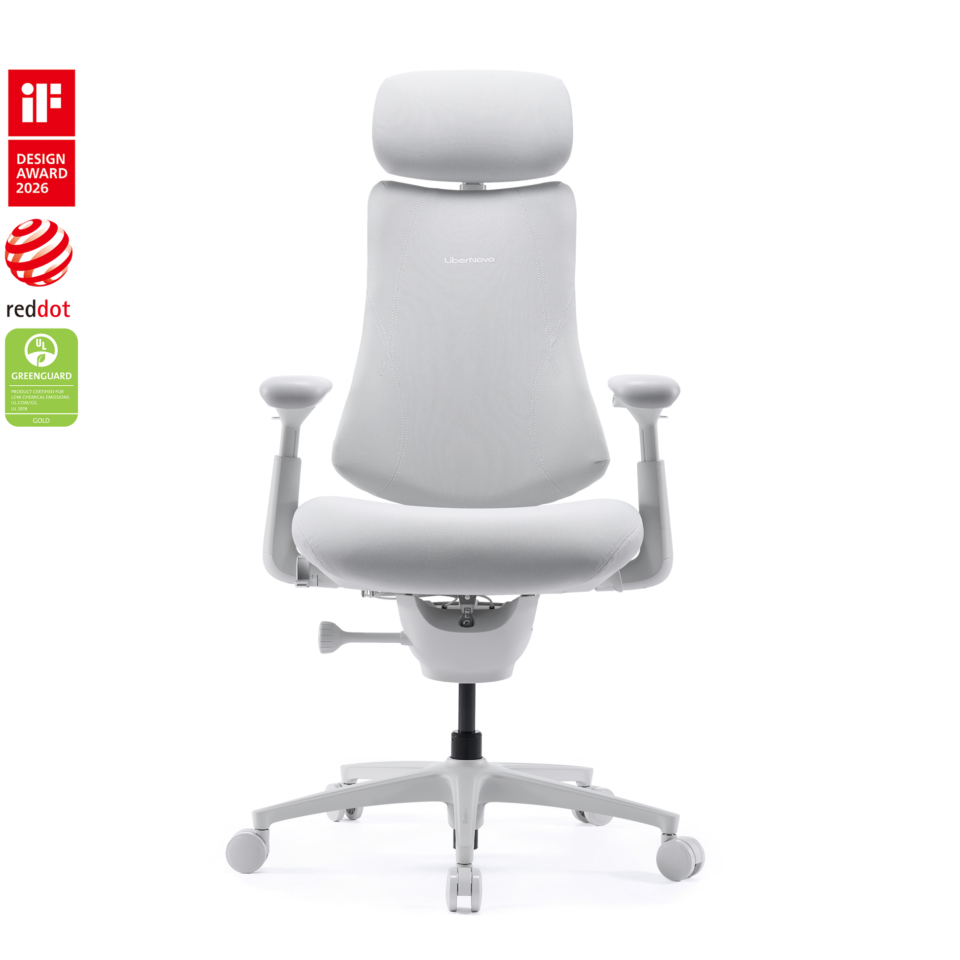 LiberNovo Omni Pro ergonomic chair in Ash White, front view
