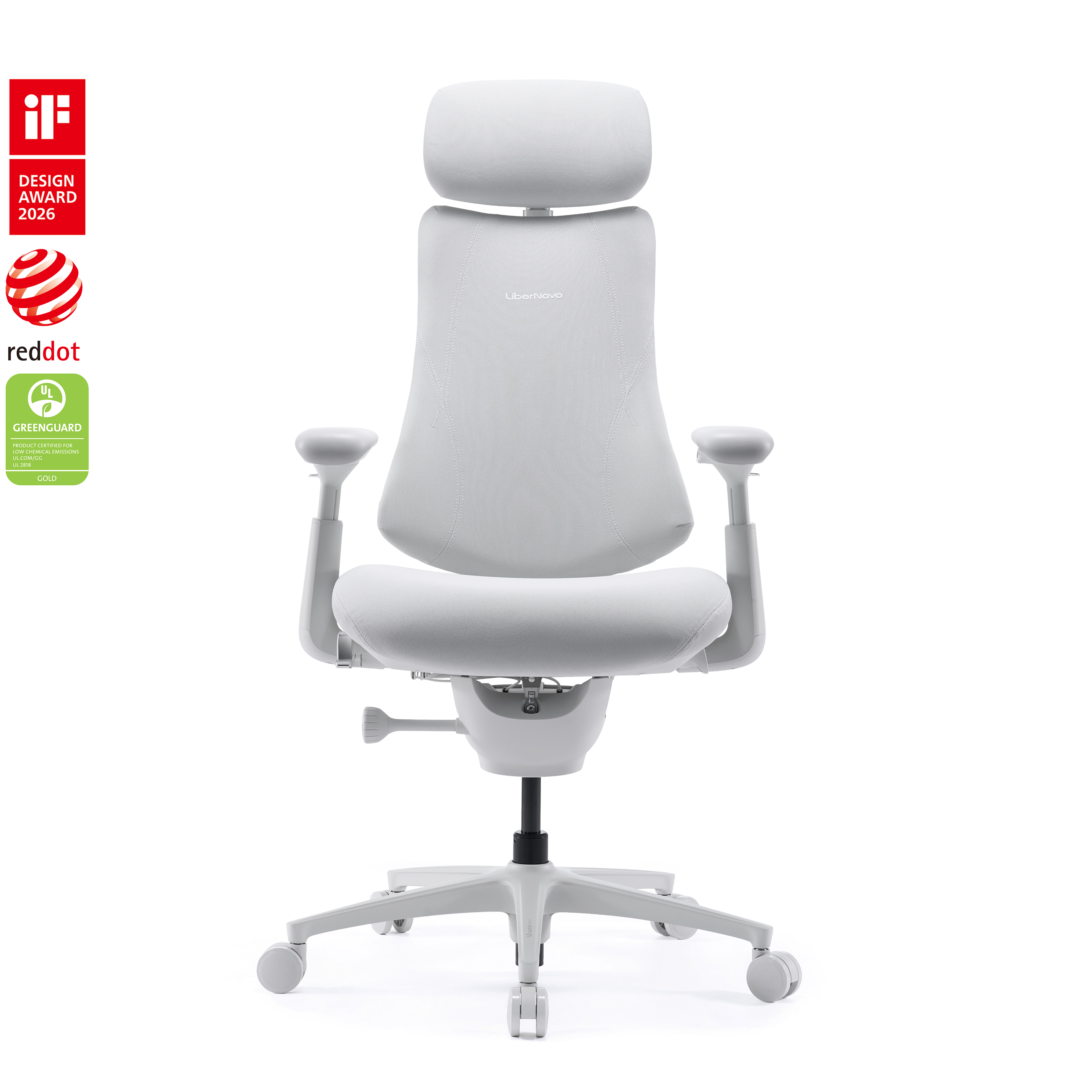 LiberNovo Omni Pro ergonomic chair in Ash White, front view