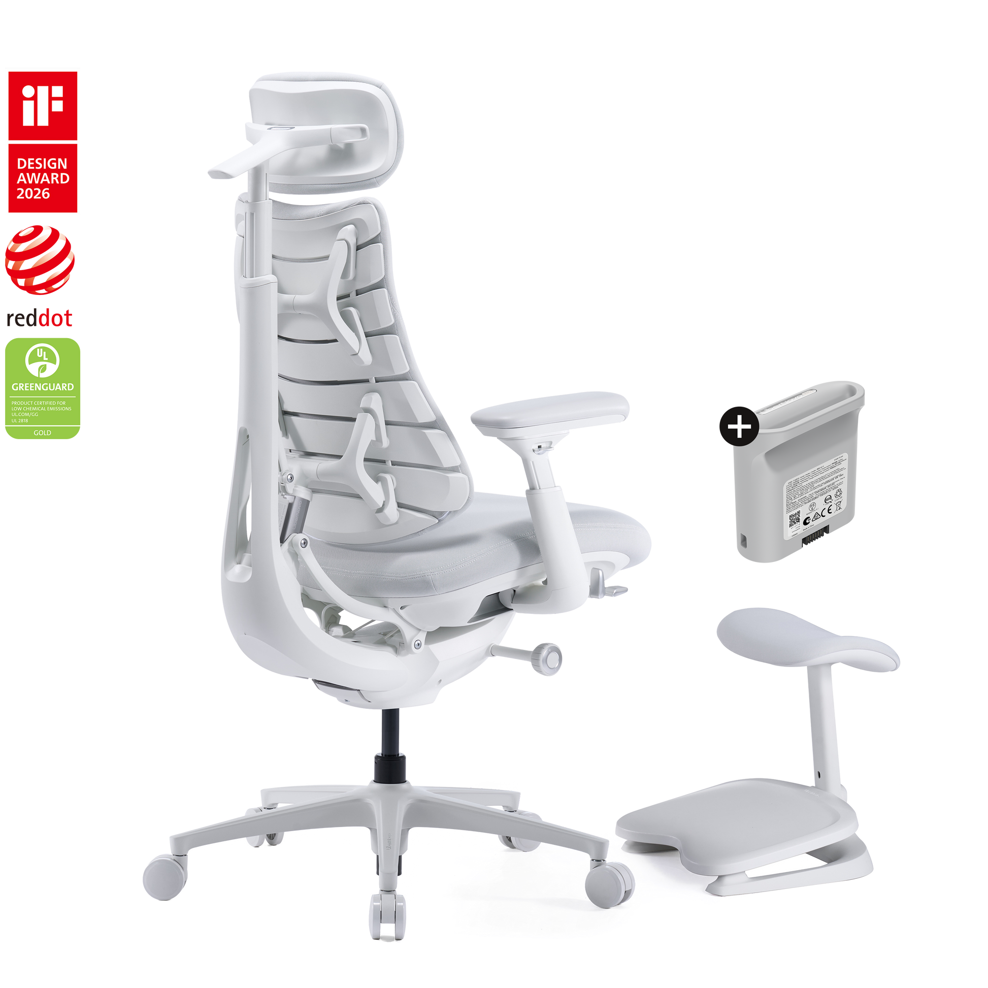 LiberNovo Omni Pro ergonomic chair with footrest and battery, Ash White