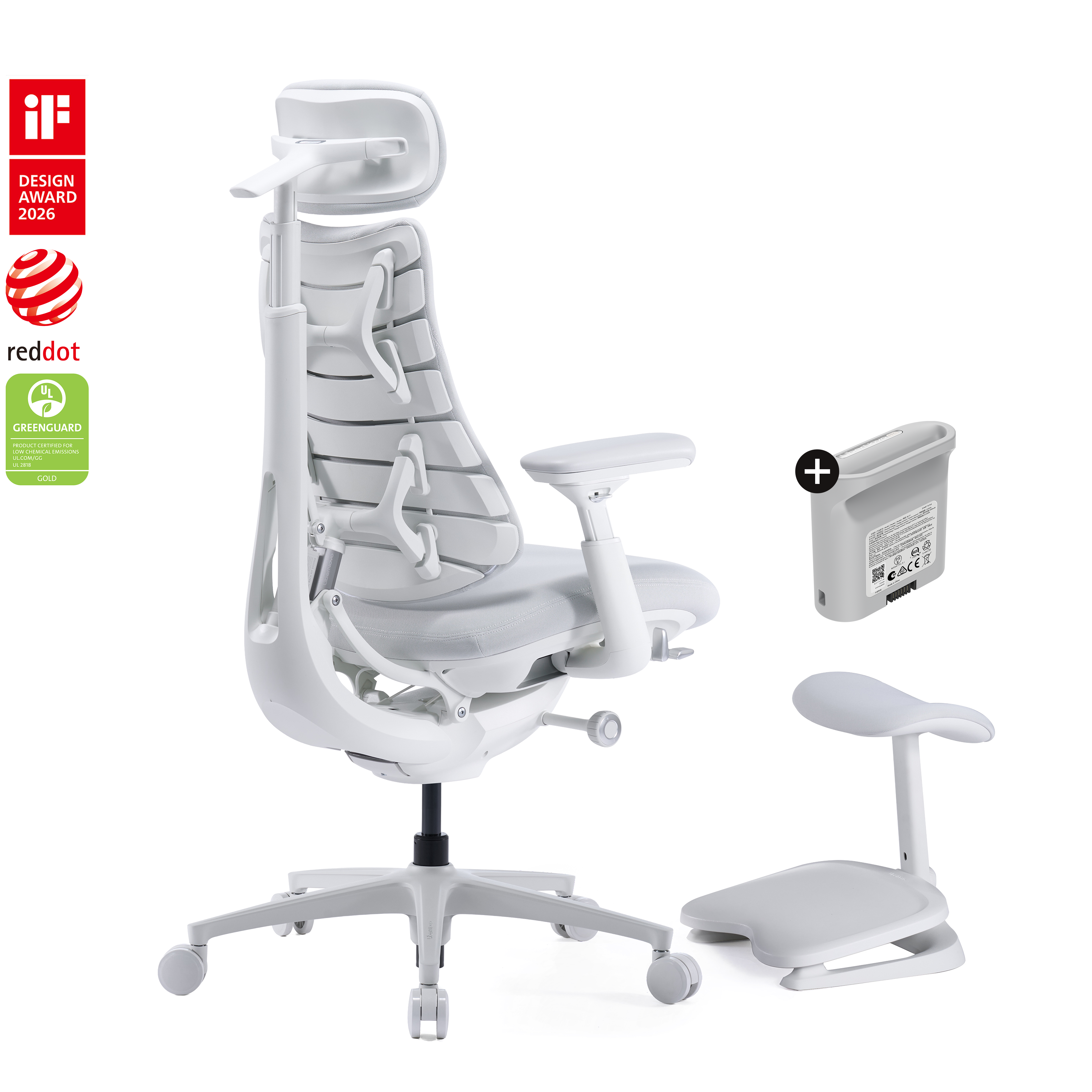 LiberNovo Omni Pro ergonomic chair with footrest and battery, Ash White