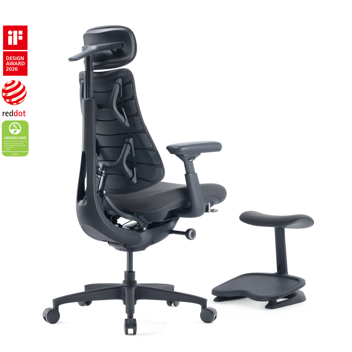 LiberNovo Omni Gen chair with StepSync footrest in Graphite, reclined