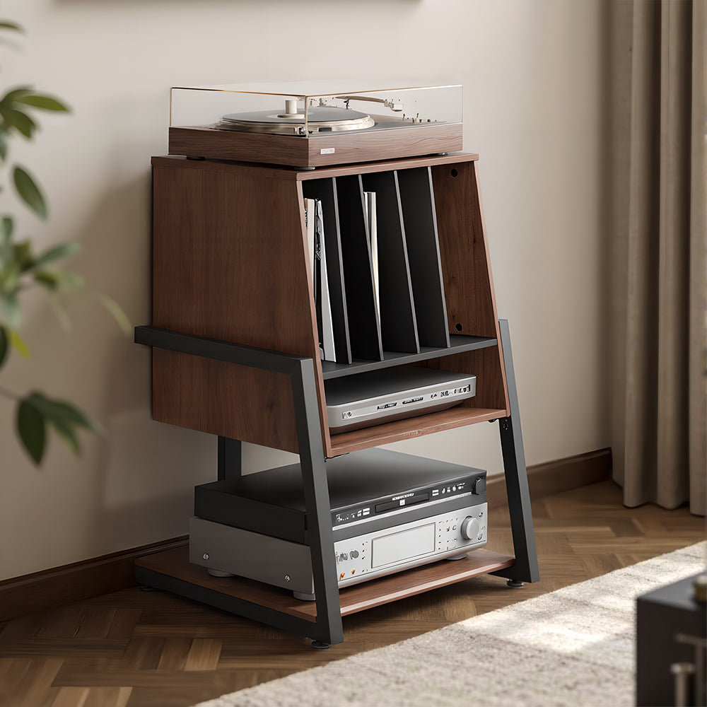 Livara Record Storage Audio Rack - Modern Living Room, Wood and Metal Frame