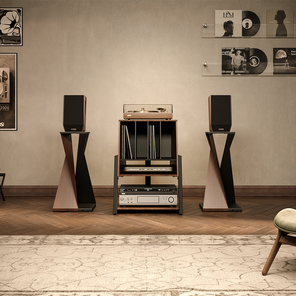 Livara Record Storage Audio Rack - Modern Living Room, Wood and Metal Frame