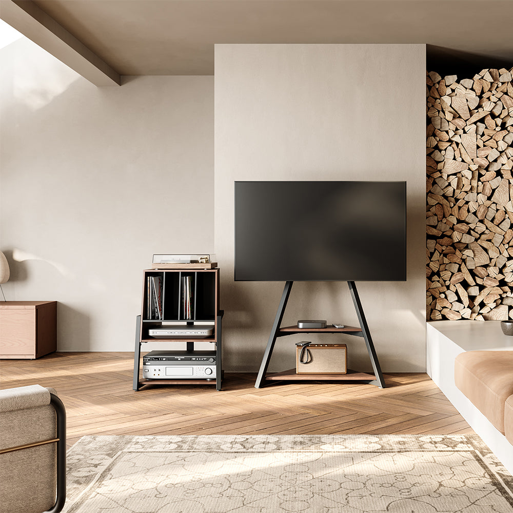 Livara Record Storage Audio Rack - Modern Living Room, Wood and Metal Frame