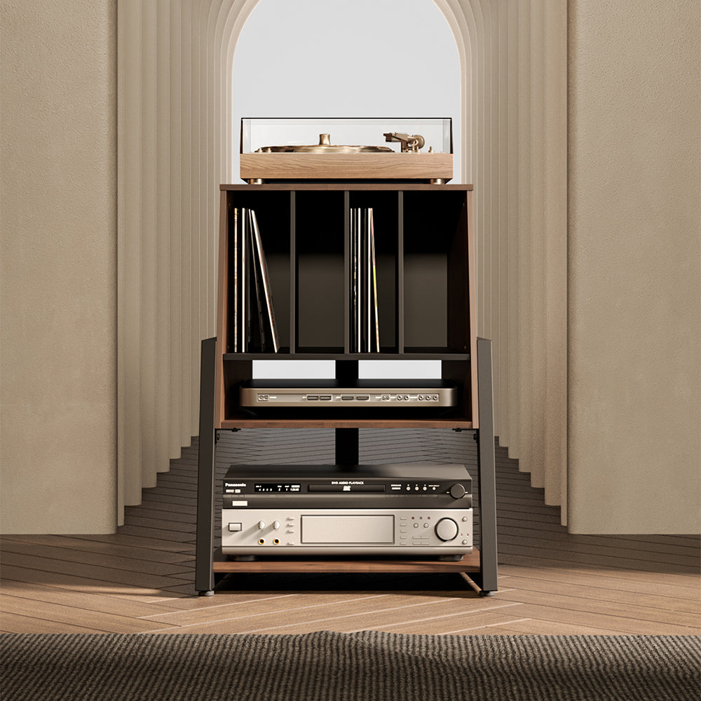 Livara Record Storage Audio Rack - Modern Living Room, Wood and Metal Frame