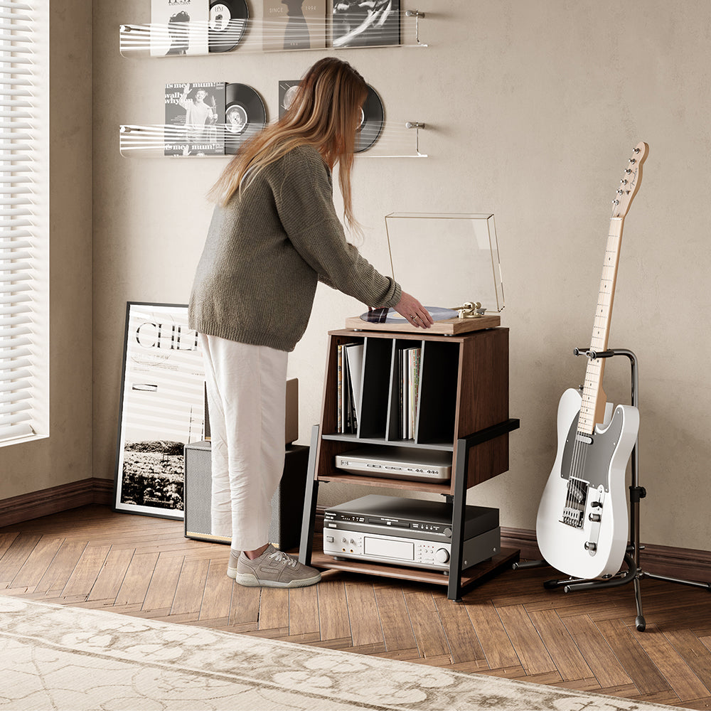Livara Record Storage Audio Rack - Modern Living Room, Wood and Metal Frame