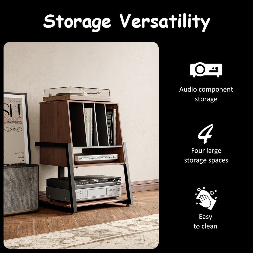 Livara Record Storage Audio Rack - Modern Living Room, Wood and Metal Frame