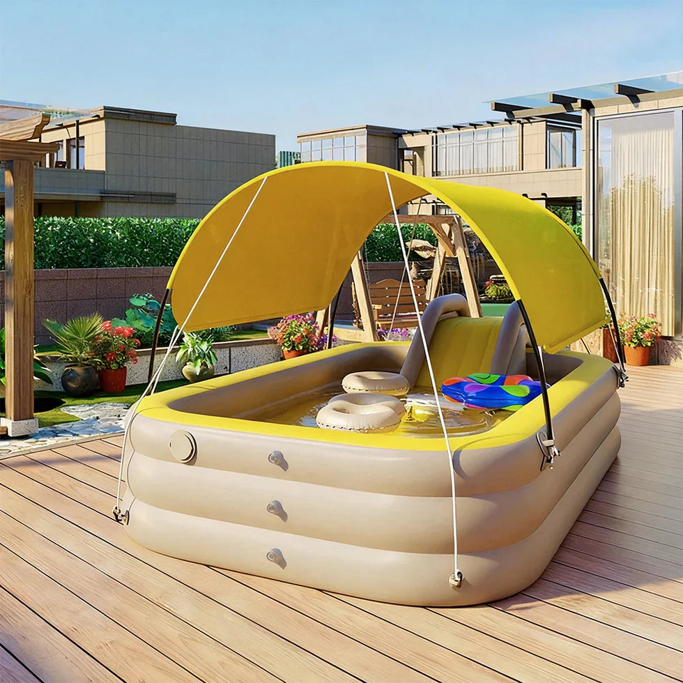 Livara PVC Inflatable Pool with Slide - Backyard Fun, UV Sunshade, USB Pump