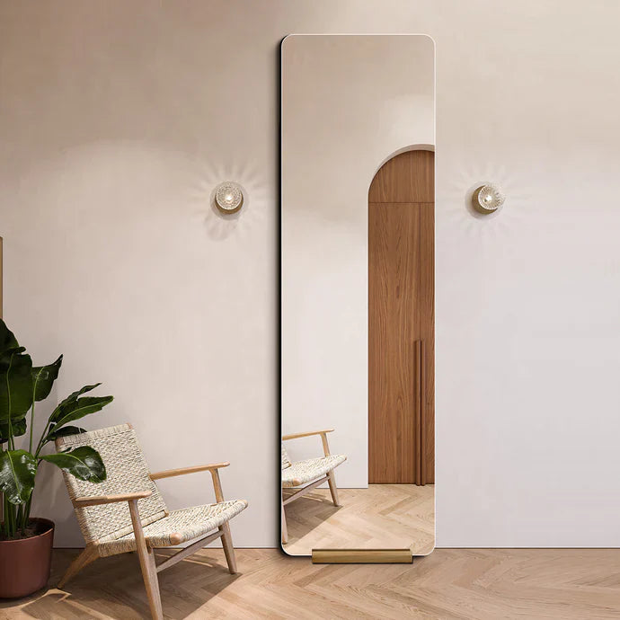 Livara Frameless Full-Length Mirror - Bedroom & Hallway, Ultra-Clear Glass, Wood Base