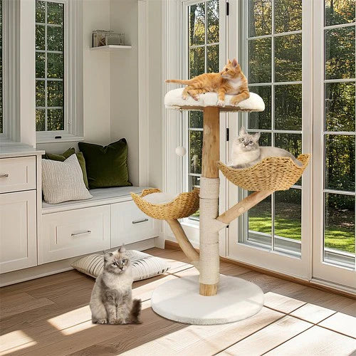 Livara Natural Wood Cat Tree Tower - Pet Comfort, Sisal Scratching Post, Plush Platforms