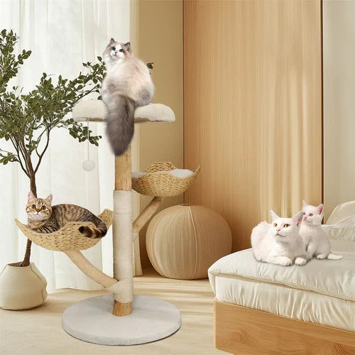 Livara Natural Wood Cat Tree Tower - Pet Comfort, Sisal Scratching Post, Plush Platforms