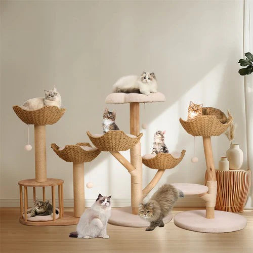 Livara Natural Wood Cat Tree Tower - Pet Comfort, Sisal Scratching Post, Plush Platforms