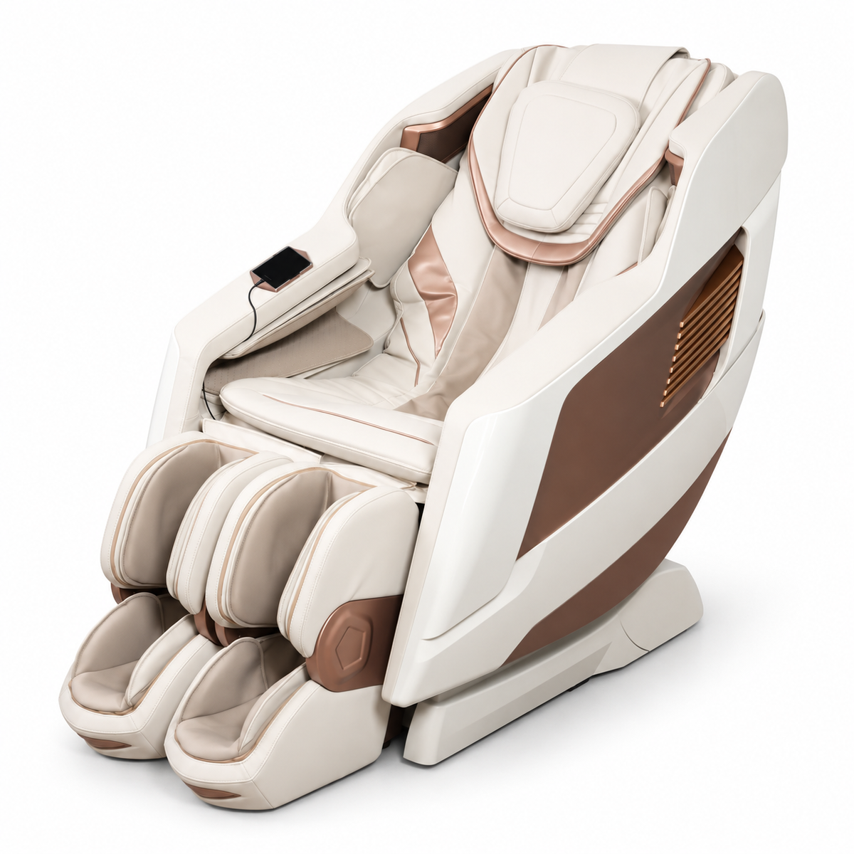 Livara luxury massage chair in white and rose gold – front three-quarter view