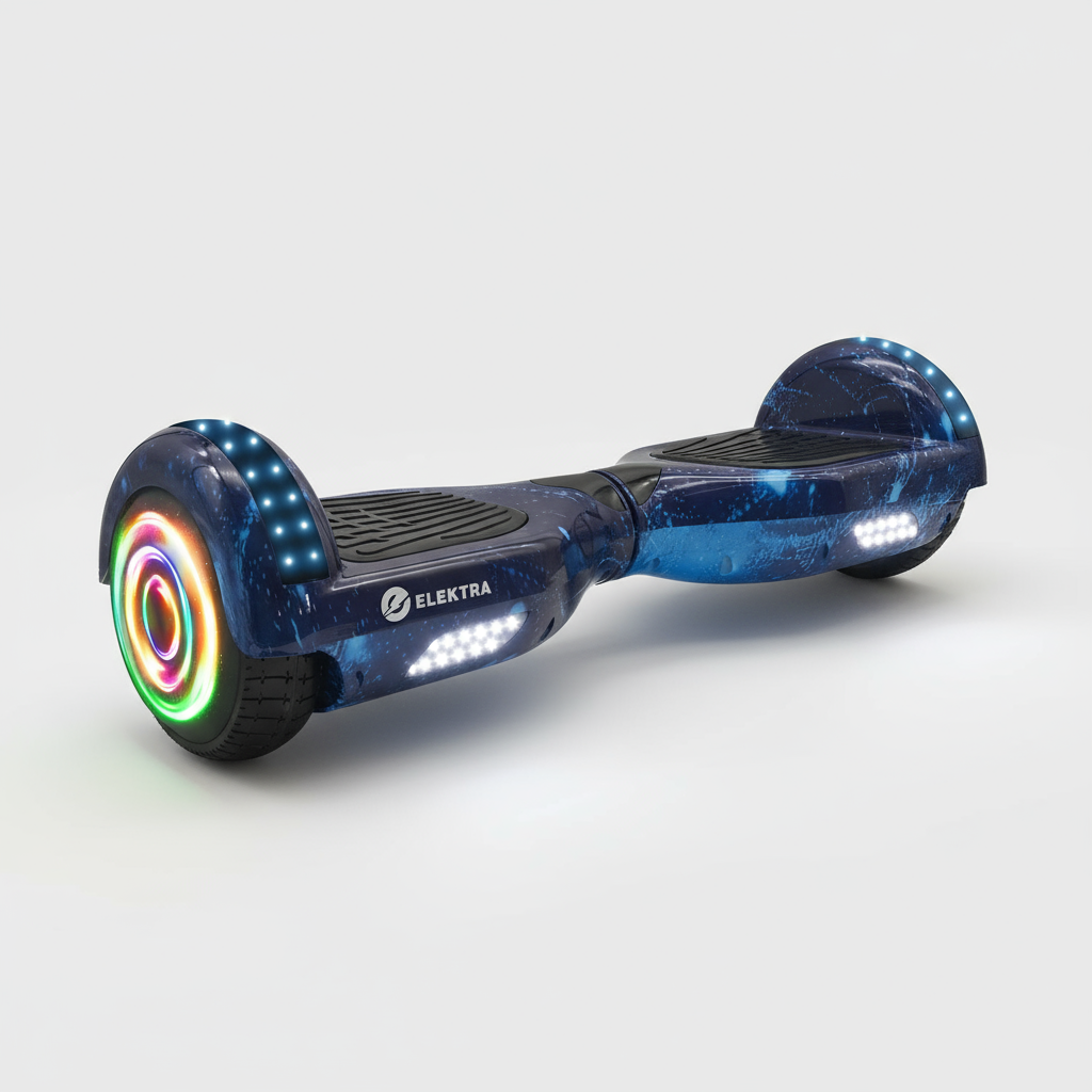 Blue hoverboard with colorful wheels on a white background